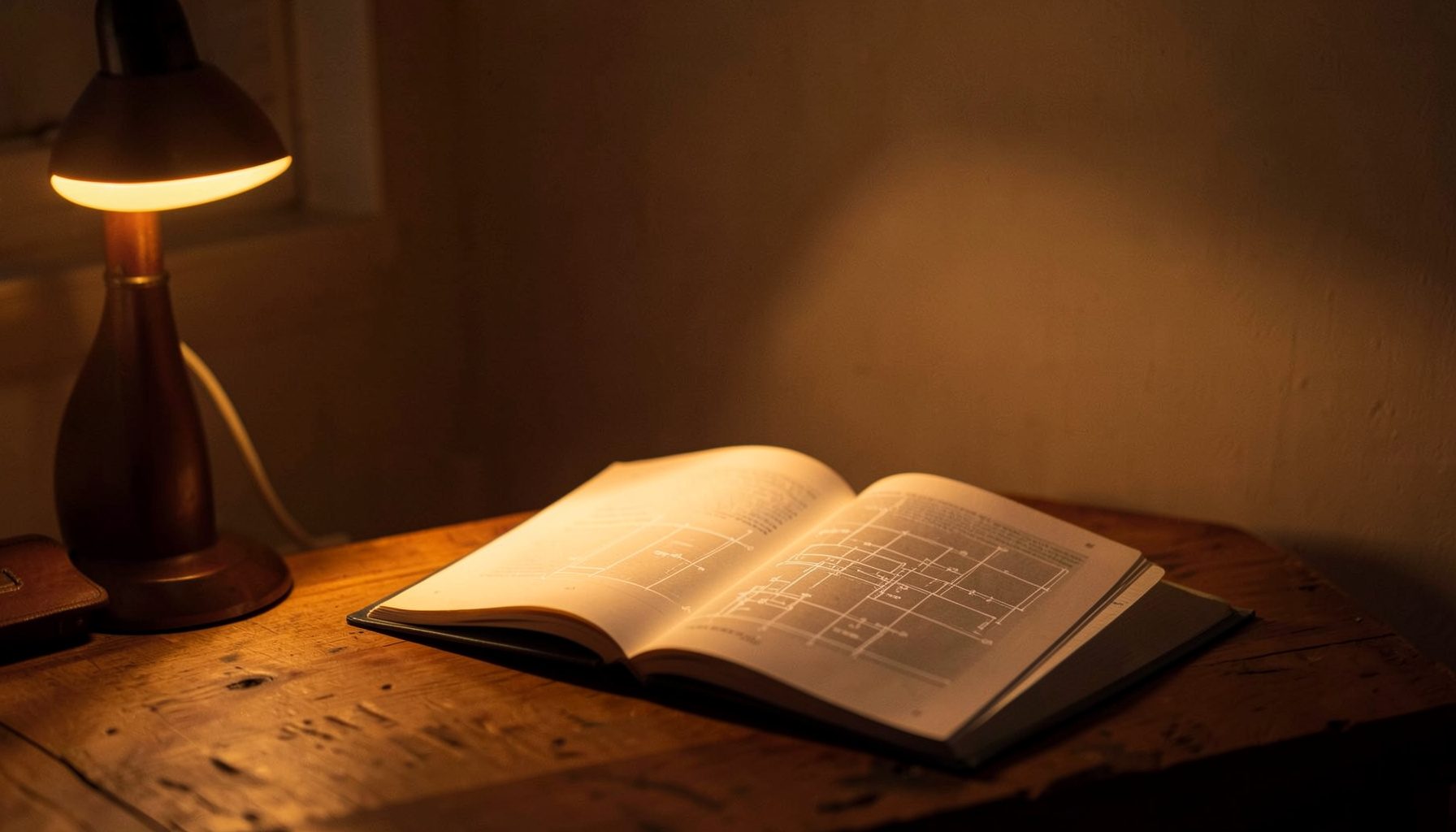 A warmly lit reading nook with an open paperback on a wooden table, amber glow from a nearby lamp
