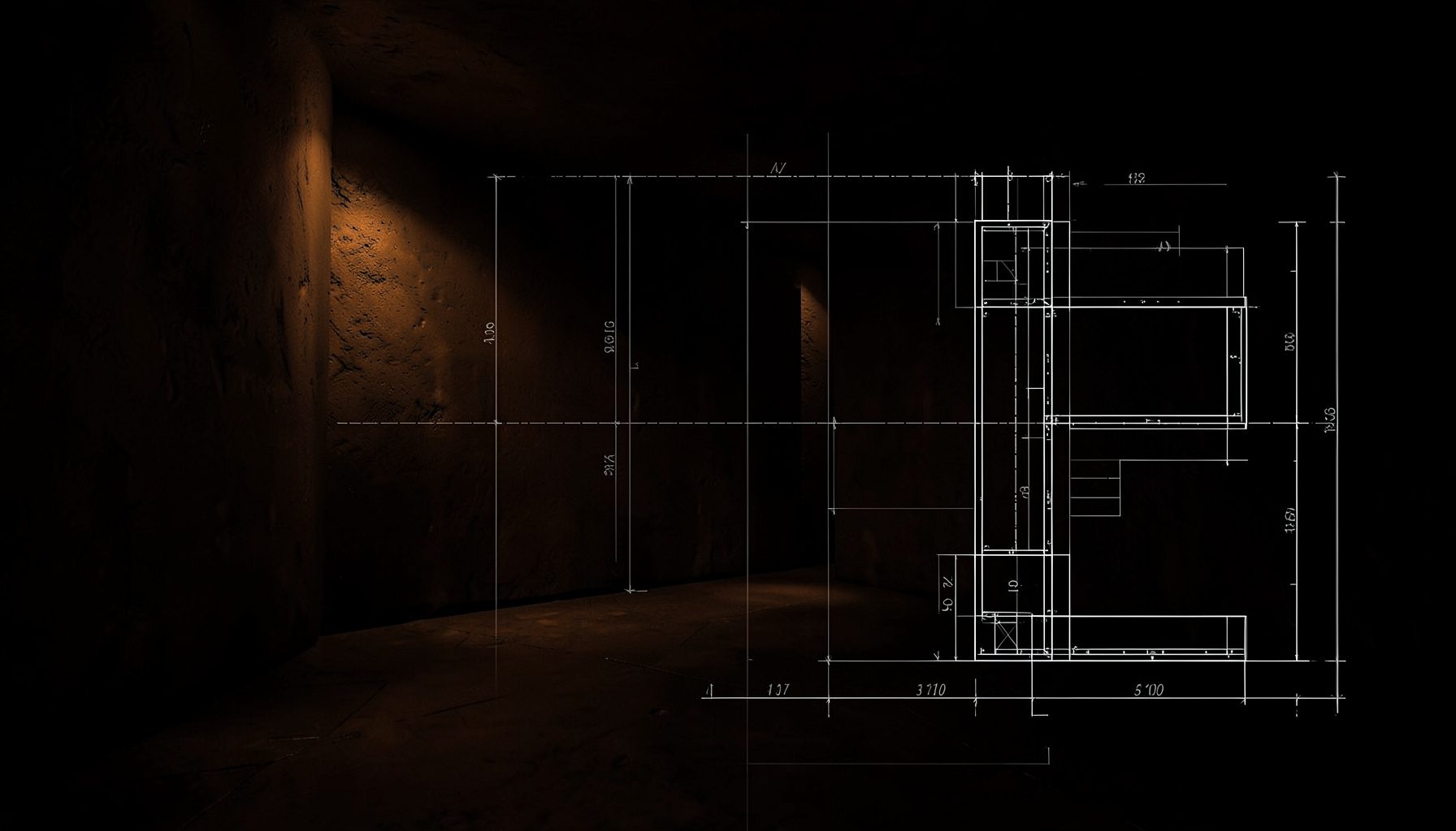 Dark atmospheric interior with warm amber accent lighting casting soft shadows across textured surfaces, moody and intimate
